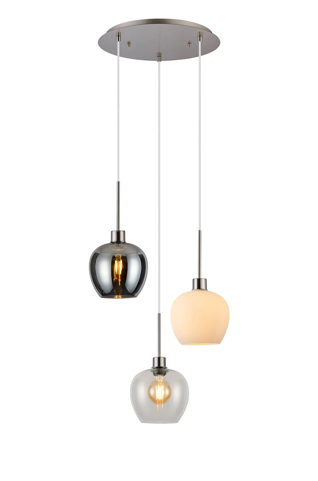 DK1279  Lori 40cm Round Pendant, 3 Light Adjustable E27, Polished Chrome/Chrome/Opal/Clear Wine Shades